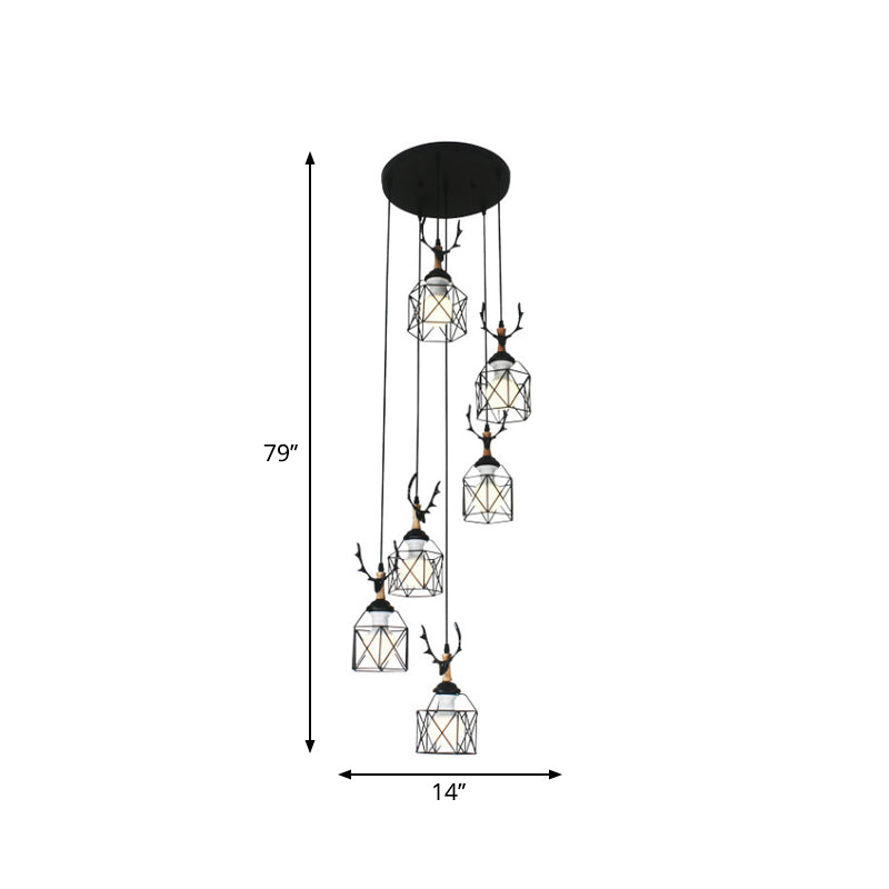 Modernist Black Hexagon Cage Pendant Lamp With Spiral Metal Design