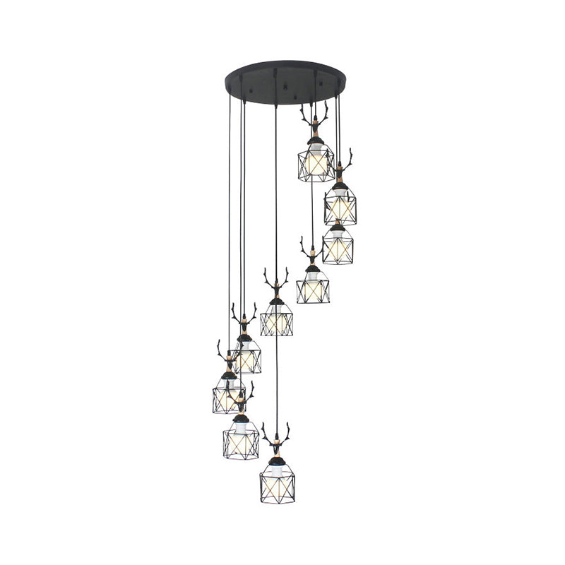 Modernist Black Hexagon Cage Pendant Lamp With Spiral Metal Design