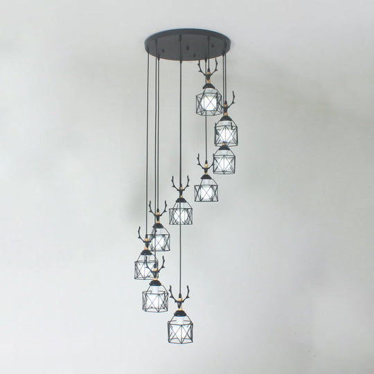 Modernist Black Hexagon Cage Pendant Lamp With Spiral Design - Metal Multiple Hanging Light