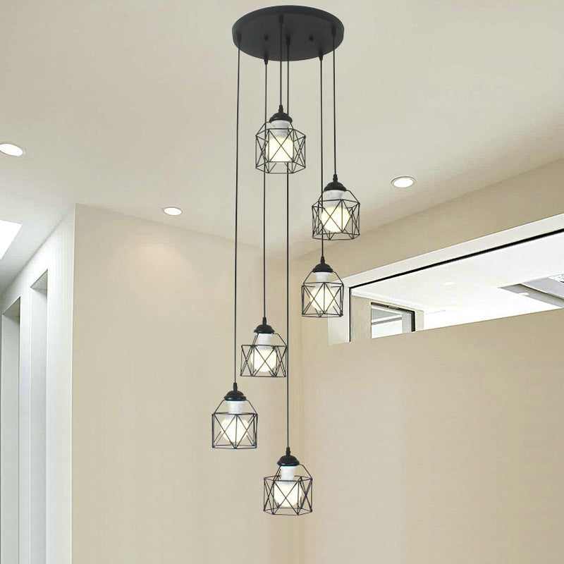 Modernist Black Hexagon Cage Pendant Lamp With Spiral Design - Metal Multiple Hanging Light 6 / A