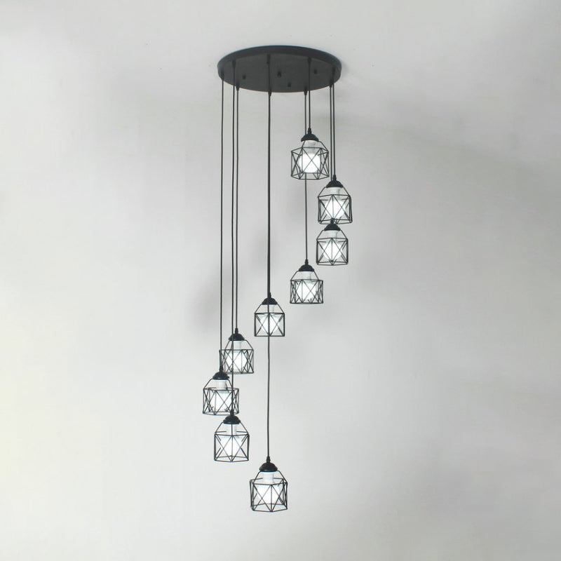 Modernist Black Hexagon Cage Pendant Lamp With Spiral Design - Metal Multiple Hanging Light