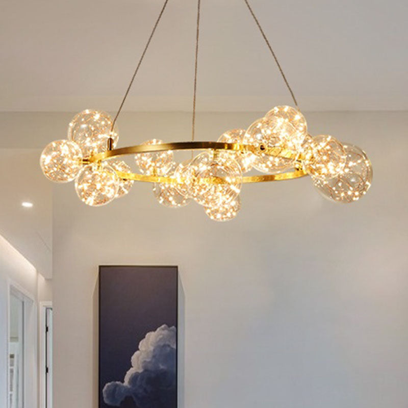 Minimal Living Room Led Chandelier - Gold Pendant Lighting With Clear Glass Orb Shade