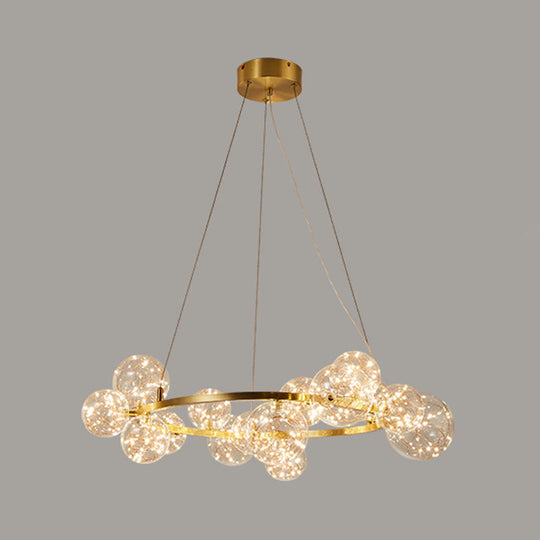 Minimal Living Room Led Chandelier - Gold Pendant Lighting With Clear Glass Orb Shade