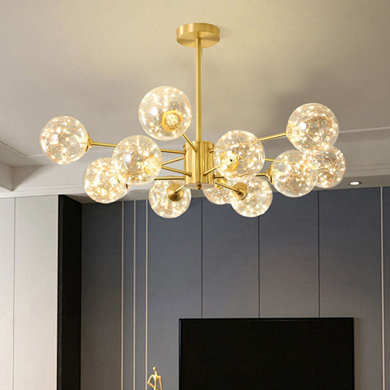 Modern Led Starry Drop Chandelier - Radial Metal Design With Clear Glass Orb Shade