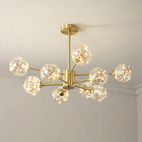 Modern Led Starry Drop Chandelier - Radial Metal Design With Clear Glass Orb Shade 10 / Gold Natural