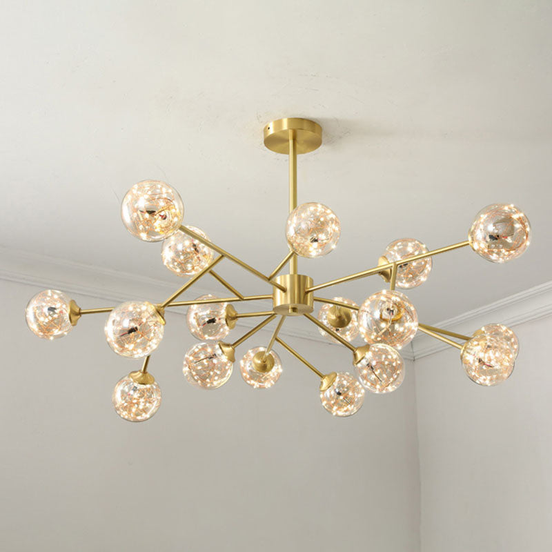 Minimalist Metal Led Chandelier In Gold With Starburst Pendulum Design And Bubble Shade 18 / Natural