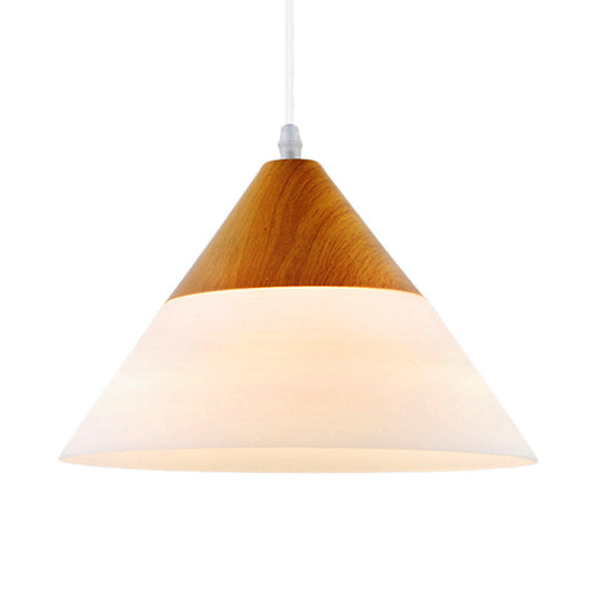Modern Cone Milk Glass Suspension Pendant - Natural Wood Hanging Light Fixture (1-Light 5/7.5/10.5