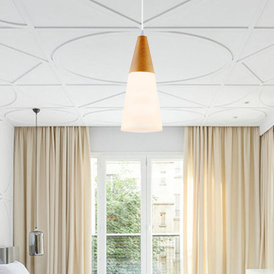 Modern Cone Milk Glass Suspension Pendant - Natural Wood Hanging Light Fixture (1-Light 5/7.5/10.5