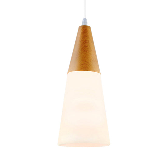 Natural Wood Cone Milk Glass Suspension Pendant Light - Modern 1-Light Fixture (5’/7.5’/10.5’ Wide)