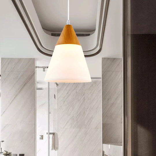 Modern Cone Milk Glass Suspension Pendant - Natural Wood Hanging Light Fixture (1-Light 5/7.5/10.5