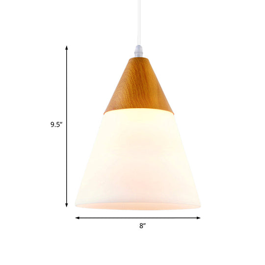 Natural Wood Cone Milk Glass Suspension Pendant Light - Modern 1-Light Fixture (5’/7.5’/10.5’ Wide)