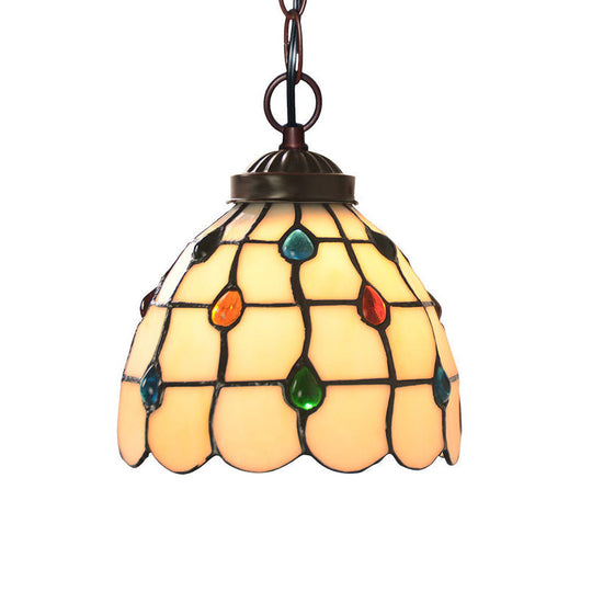 Victorian Lattice Dome 1-Light Hanging Lamp Kit - White Glass Copper Suspension Light With Gem
