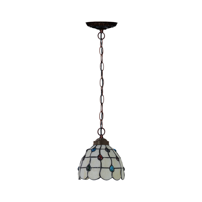 Victorian Lattice Dome 1-Light Hanging Lamp Kit - White Glass Copper Suspension Light With Gem