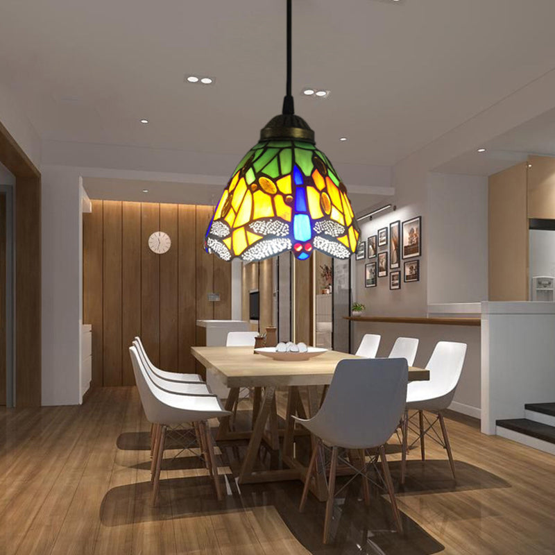 Baroque Dragonfly Stained Glass Pendant Light With 1-Bulb Drop - Bell