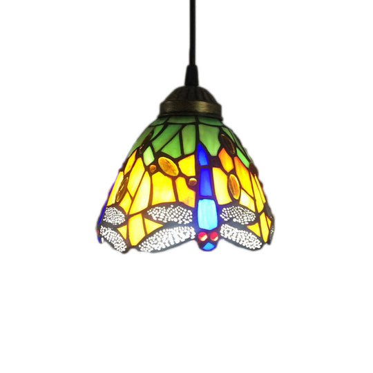 Baroque Dragonfly Stained Glass Pendant Light With 1-Bulb Drop - Bell