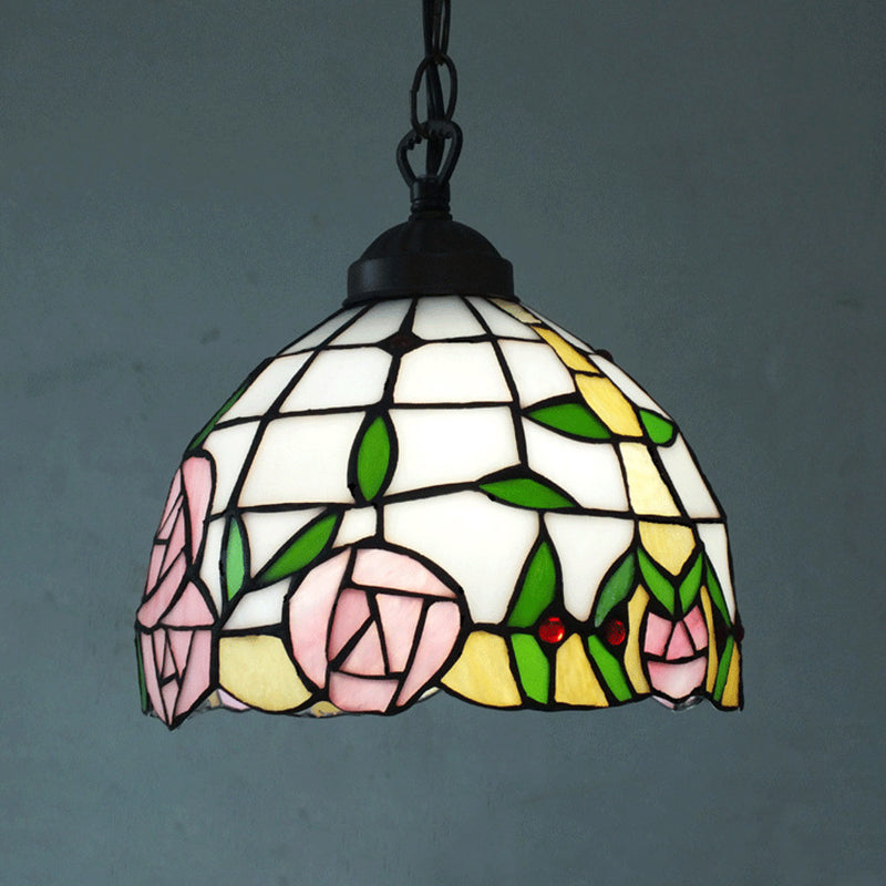 White Cut Glass Ceiling Hang Fixture - Domed Mediterranean Suspension Lighting With Rose Pattern
