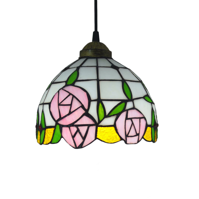 White Cut Glass Ceiling Hang Fixture - Domed Mediterranean Suspension Lighting With Rose Pattern