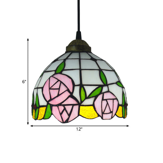 White Cut Glass Ceiling Hang Fixture - Domed Mediterranean Suspension Lighting With Rose Pattern