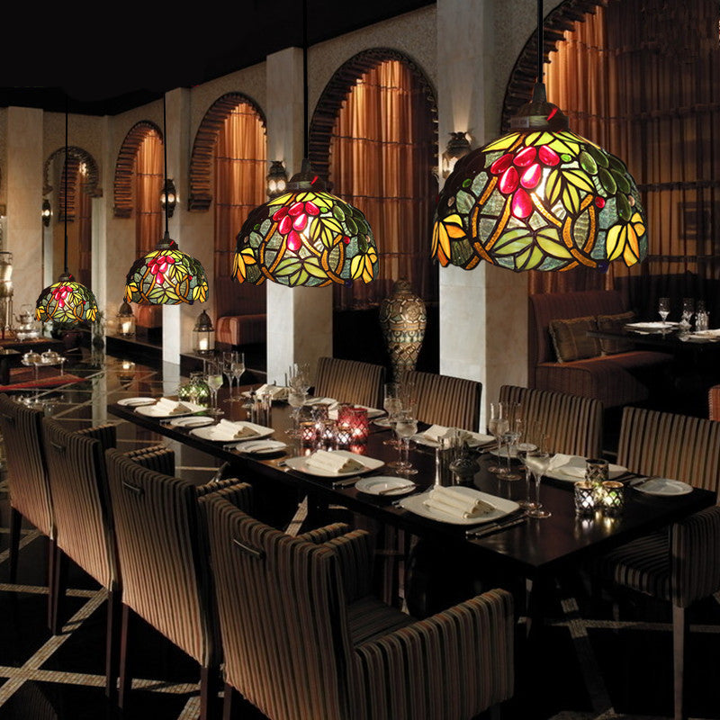 Victorian Hanging Light Fixture - Green Stained Glass Barrel Pendant With Grapevine Pattern