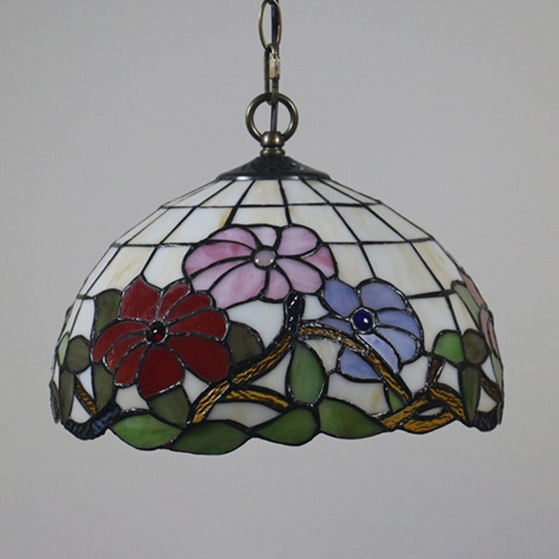 Tiffany Black Floral Patterned Pendant Light Kit With Hand Cut Glass Shade For Dining Room