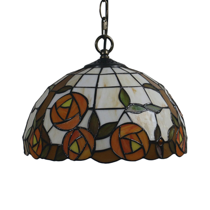 Tiffany Black Floral Patterned Pendant Light Kit With Hand Cut Glass Shade For Dining Room