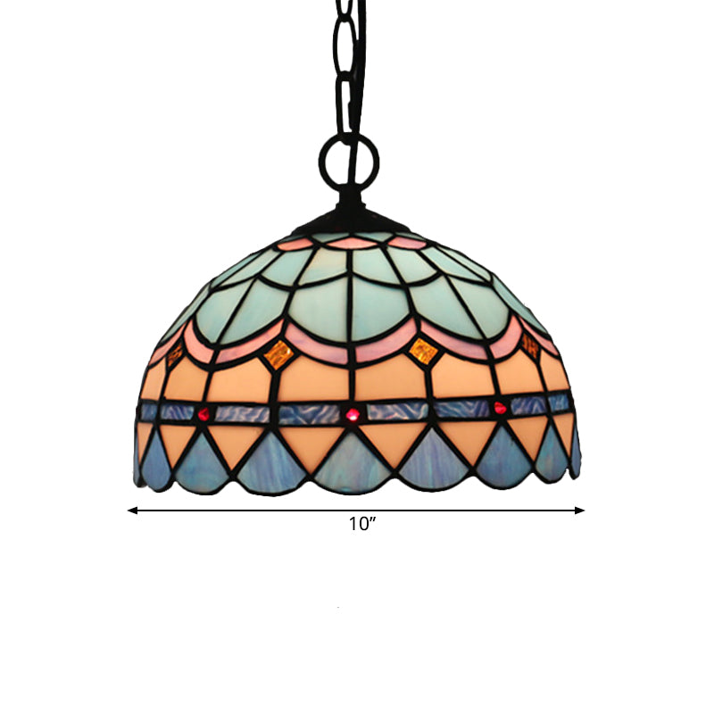 Tiffany Stained Glass Pendant Light - Lattice Bowl Design 1-Light Blue Suspension Lamp For Dining
