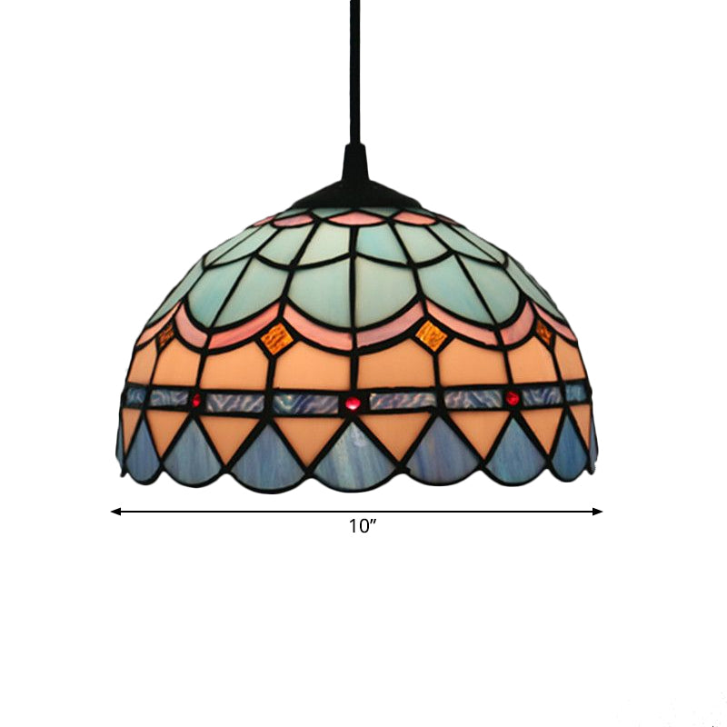 Tiffany Stained Glass Pendant Light - Lattice Bowl Design 1-Light Blue Suspension Lamp For Dining