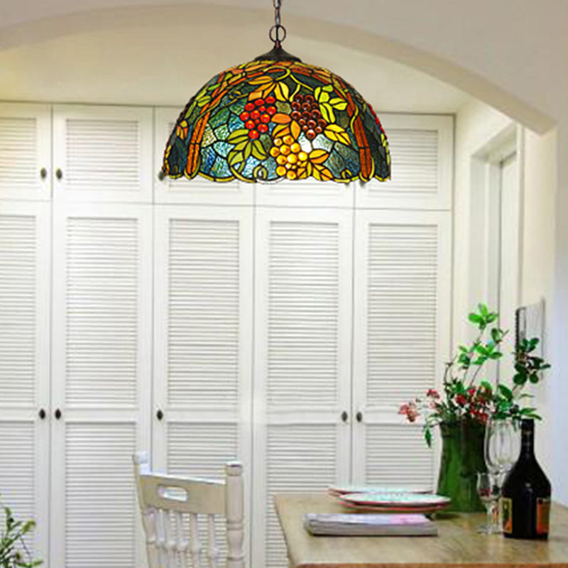 Tiffany Green Cut Glass Chandelier With Grape Pattern Pendant - 2 Bulbs Included