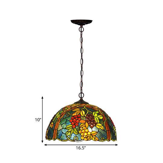 Tiffany Green Cut Glass Chandelier With Grape Pattern Pendant - 2 Bulbs Included