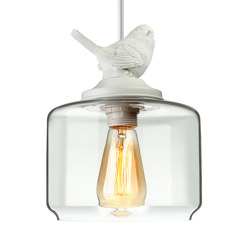 Modernist 5-Light Clear Glass Pendant With Bird Design - Cylindrical Shape