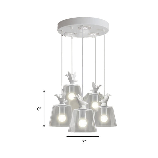 Modernist 5-Light Clear Glass Pendant With Bird Design - Cylindrical Shape