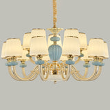 Blue Frosted Glass Barrel Chandelier For Living Room With Simple Ceramic Suspension Pendant