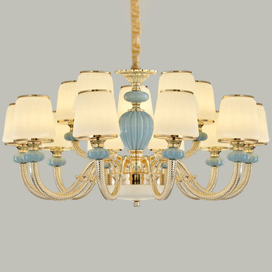 Blue Frosted Glass Barrel Chandelier For Living Room With Simple Ceramic Suspension Pendant