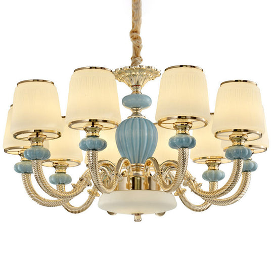 Blue Frosted Glass Barrel Chandelier For Living Room With Simple Ceramic Suspension Pendant