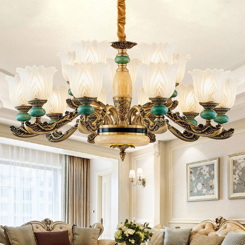 Contemporary Green Chandelier With Frosted Glass Floral Drop Lamp