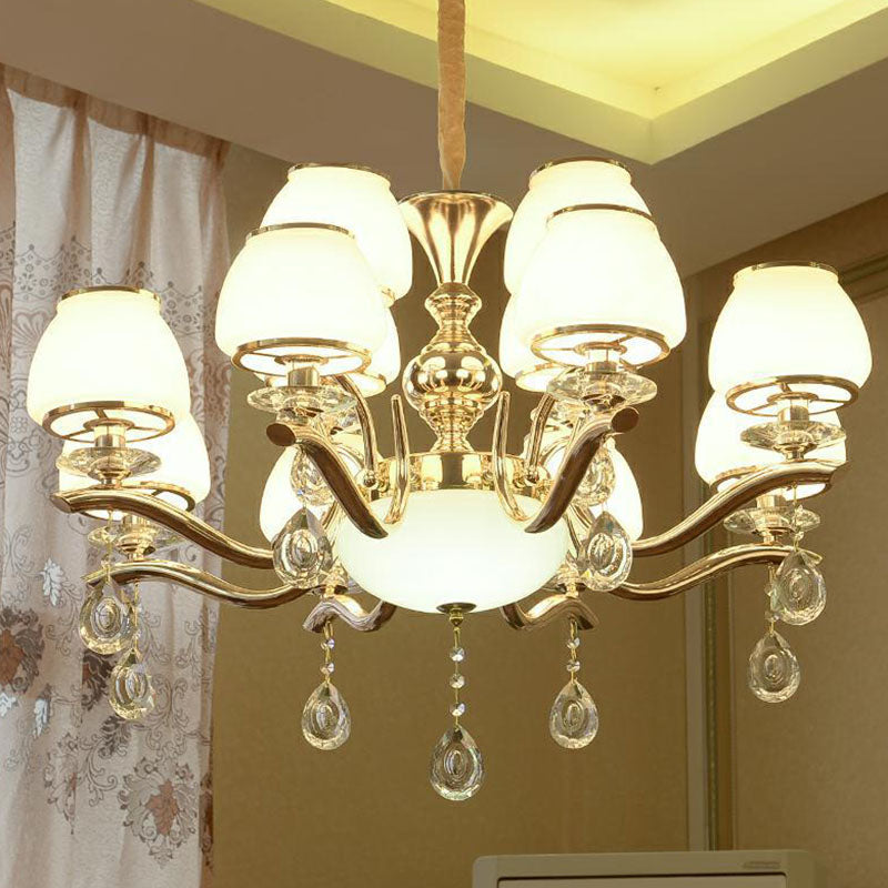 Modernist White Glass Pendant Chandelier With Crystal Droplets - Gold Urn Shade Design