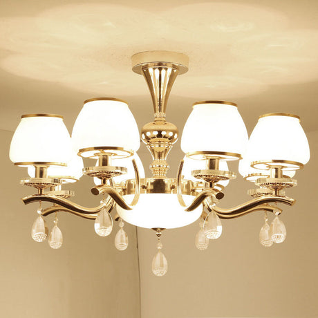 Modern White Glass Chandelier With Crystal Droplet And Gold Urn Shade Pendant Light 8 /