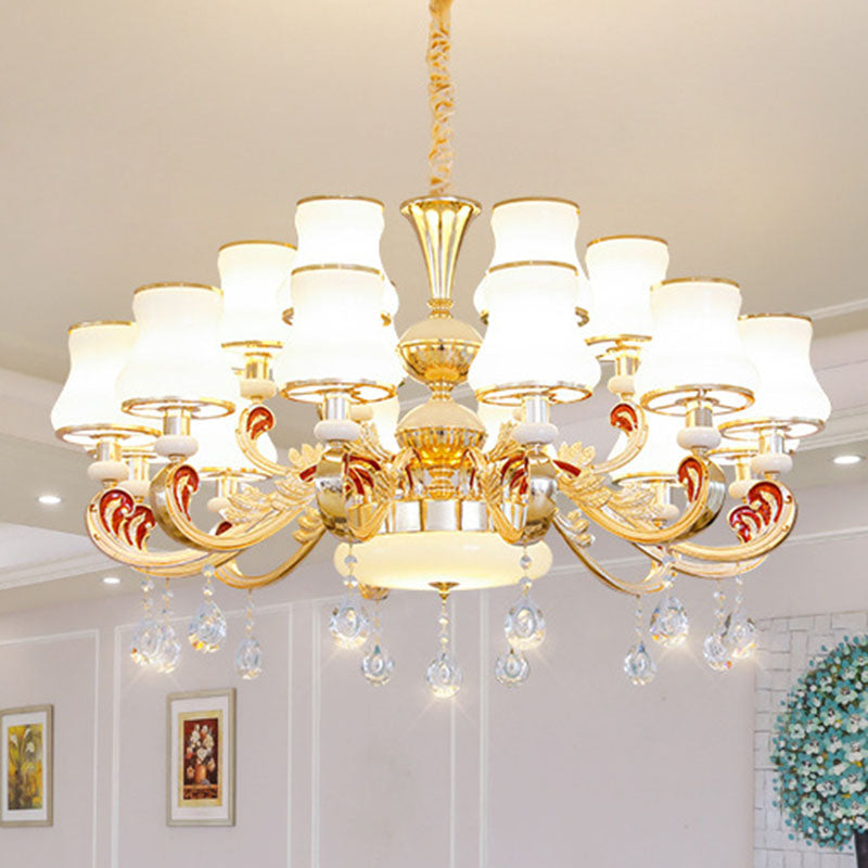 Minimalist Gold Chandelier Pendant With Curved Down Lighting And Frosted Glass Shade