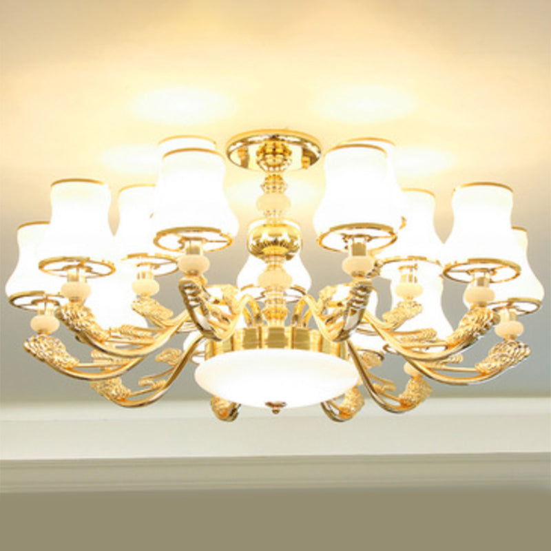 Minimalist Gold Chandelier Pendant With Curved Down Lighting And Frosted Glass Shade 15 / White D