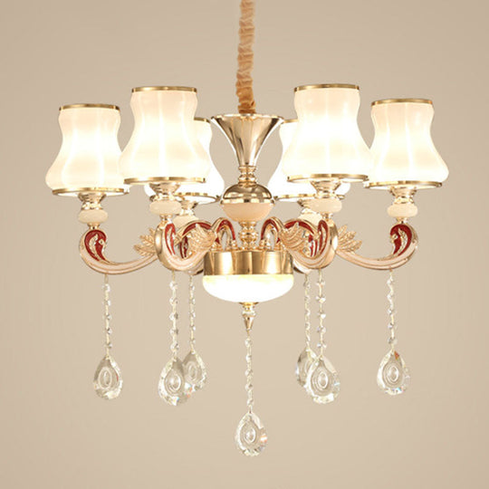 Nordic Metal Hanging Pendant Light With Scrolled Arm And Flared Glass Shade In Gold - Ideal For