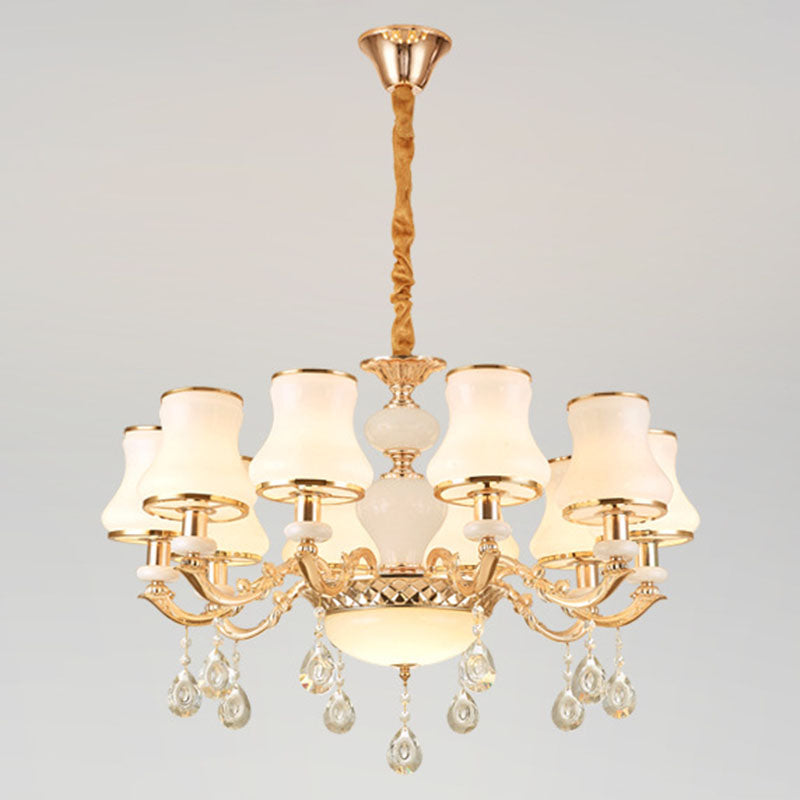 Frosted Glass Curve Chandelier With Crystal Accent In Gold - Minimal Ceiling Lighting