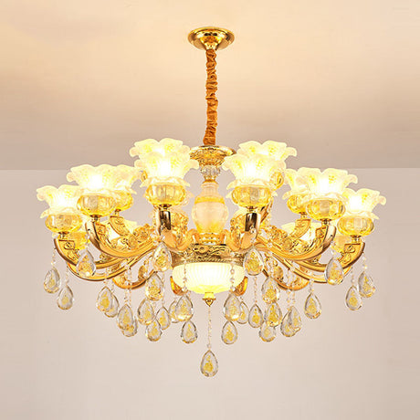 Contemporary Gold Chandelier - Floral K9 Crystal Drop Lamp For Bedroom 18 /