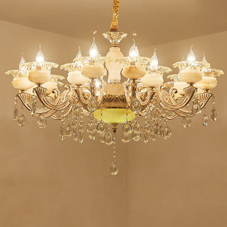 Contemporary Gold Petal Chandelier With Jade Suspension & Crystal Draping 18 /