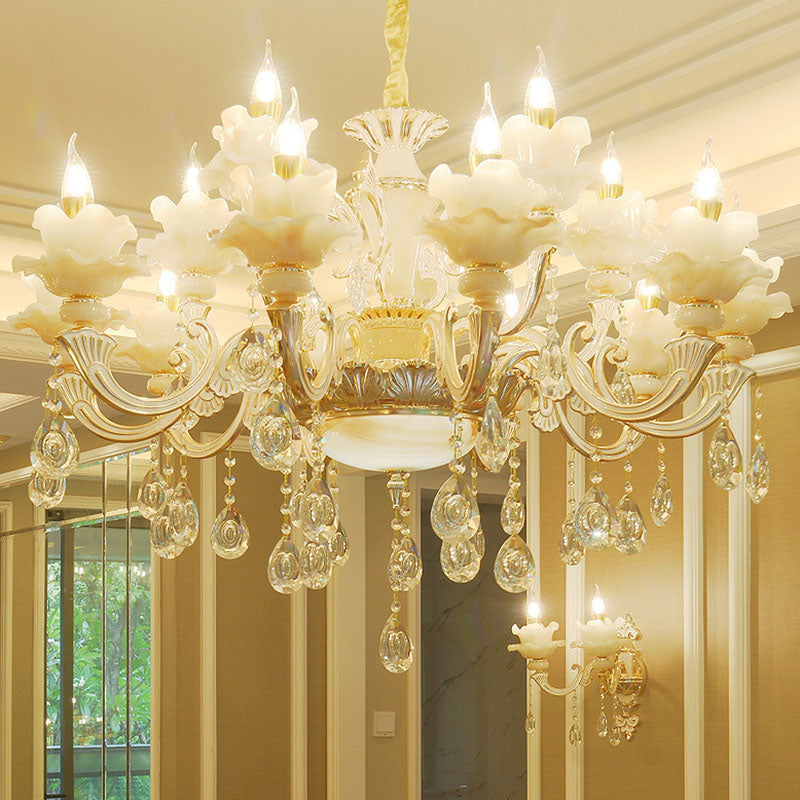 Contemporary Gold Petal Chandelier Lamp With Crystal Draping 15 /