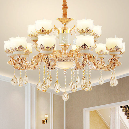 Gold Blossom Crystal Pendant Chandelier With Elegant Jade Shade