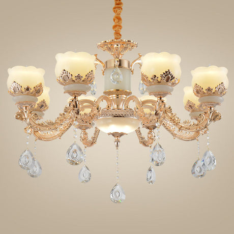 Gold Blossom Crystal Chandelier With Jade Shade 8 /