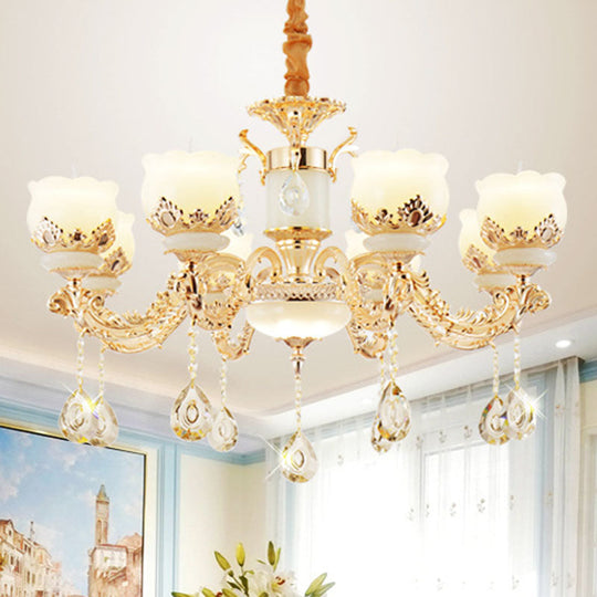 Gold Blossom Crystal Pendant Chandelier With Elegant Jade Shade