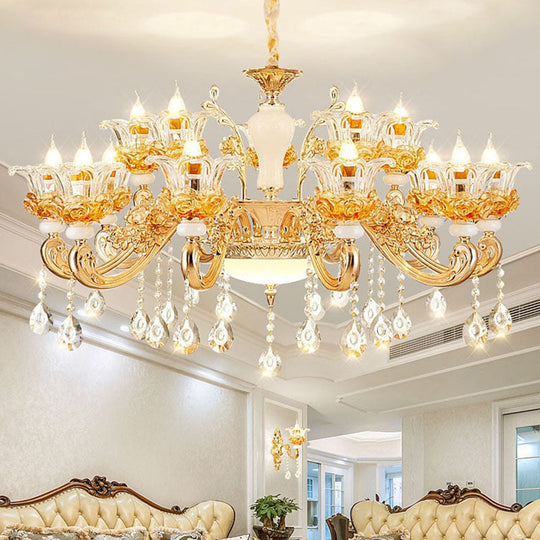Gold Floral Glass Chandelier: Elegant Living Room Suspension Lamp