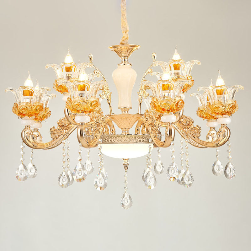 Gold Floral Glass Chandelier: Elegant Living Room Suspension Lamp