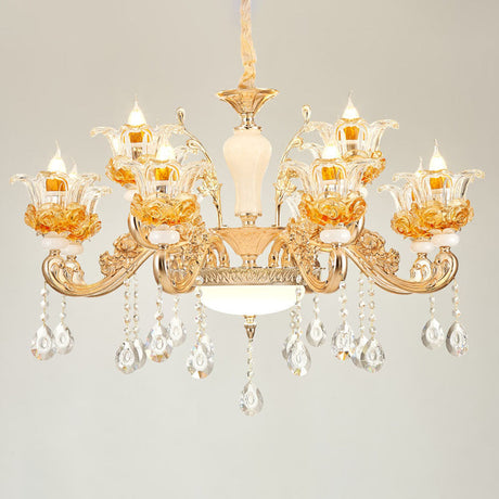 Floral Clear Glass Living Room Chandelier - Simple Gold Suspension Light Fixture
